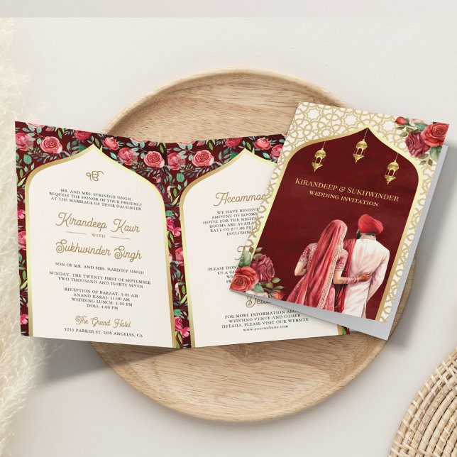 Invitation Floral Rose d'or rouge tout en un Mariage sikh (Créateur téléchargé)