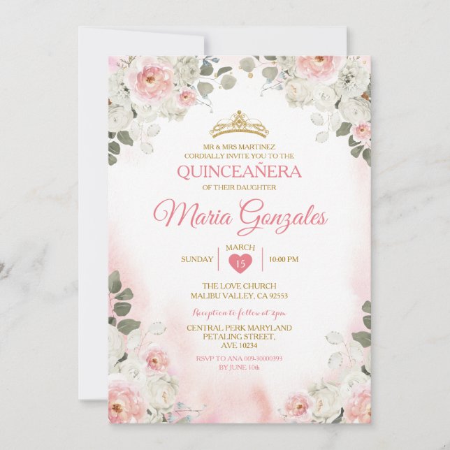 Invitation Floral rose et blanc Quinceañera Gold Couronne mex (Devant)