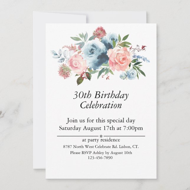 Invitation Floral rose et bleu, 30e personnalisable. Annivers (Devant)