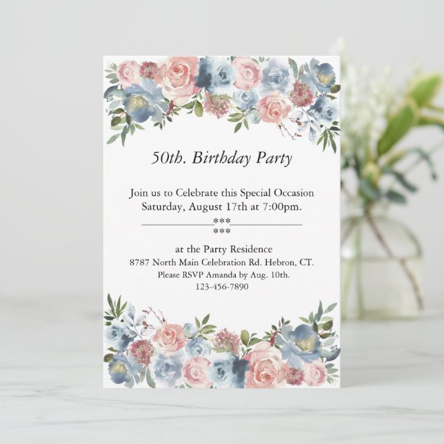 Invitation Floral rose et bleu, personnalisable,50e. Annivers (Debout devant)
