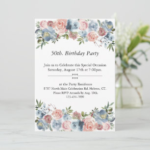 Invitation Floral rose et bleu, personnalisable,50e. Annivers