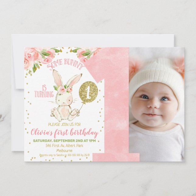 Invitation Floral rose et doré lapin photo 1er anniversaire (Devant)