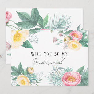 Invitation Floral rose et jaune, vous serez ma servante d'hon