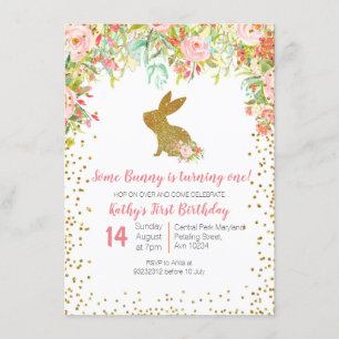Invitation Floral rosé et lapin d'or Anniversaire Floral