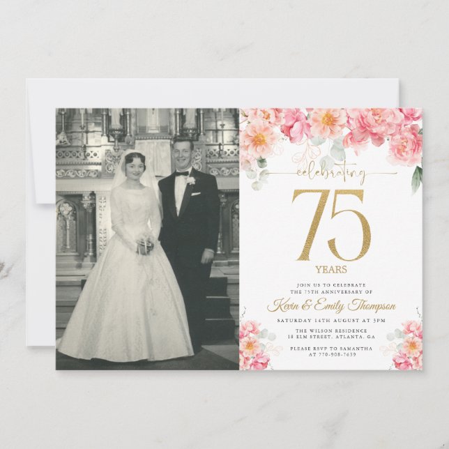 Invitation Floral rose et or 75e anniversaire (Devant)