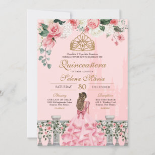 Invitation Floral rose et or princesse Fairytale Quinceanera
