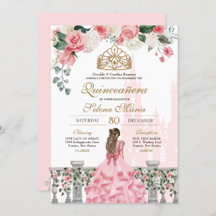 Invitation Floral rose et or princesse Fairytale Quinceanera