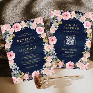 Invitation Floral rose et or QR Code Marine Mariage bleu