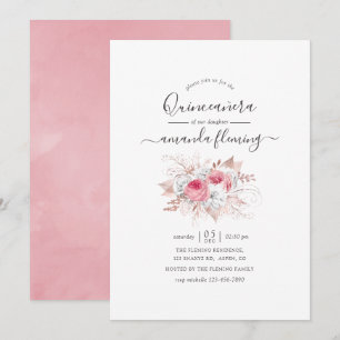 Invitation Floral rose et Rose or Quinceañera