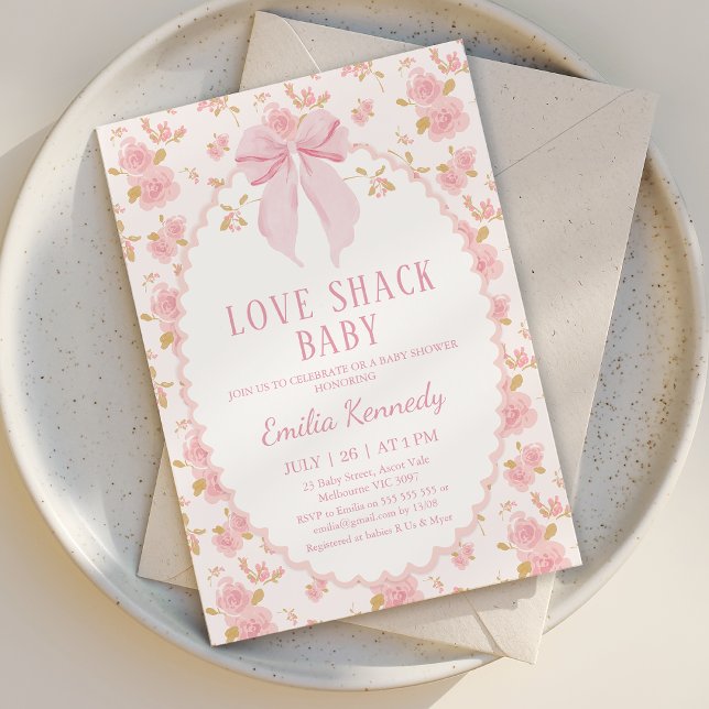 Invitation Floral rose Fancy Love Shack Baby shower bébé (Love Shack Baby Shower Invitation Template, Love Shack Fancy Baby Shower Invitation Bow Baby Girl)