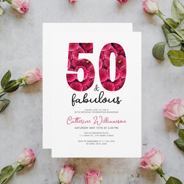 Invitation Floral rose féminin 50 et anniversaire fabuleux (Créateur téléchargé)