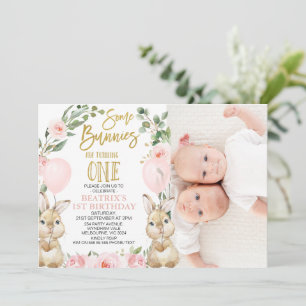 Invitation Floral Rose Girl Twins Quelques lapins 1er anniver