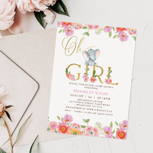 Invitation Floral Rose Girls Oh Baby Elephant Baby shower Inv