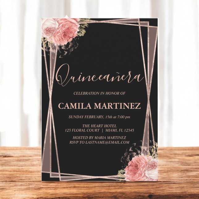 Invitation Floral Rose Gold Black Quinceanera Party (Créateur téléchargé)