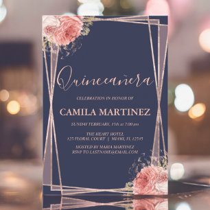 Invitation Floral Rose Gold Blue Quinceanera Party