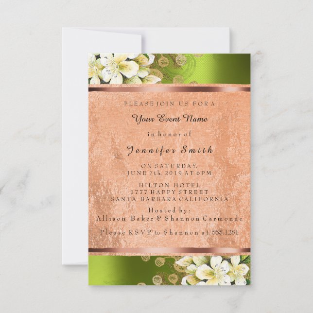 Invitation Floral Rose Gold Cuivre d'anniversaire Bridal Gree (Devant)