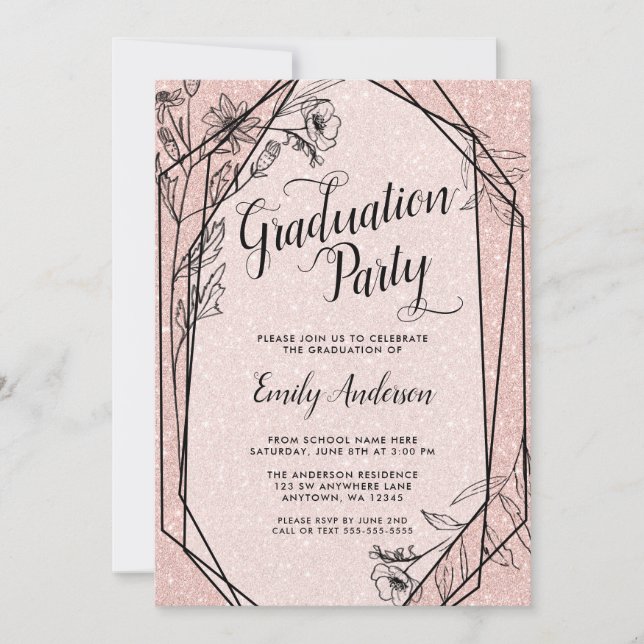 Invitation Floral Rose Gold Faux Parties scintillant Graduati (Devant)