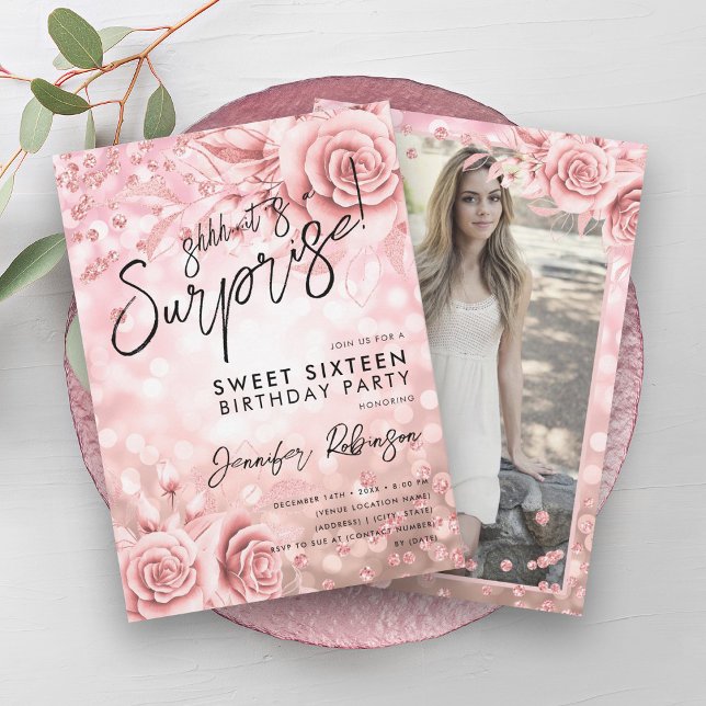 Invitation Floral Rose Gold Lights Photo Surprise Sweet 16 (Floral Rose Gold Lights Photo Surprise Sweet 16 Invitation)