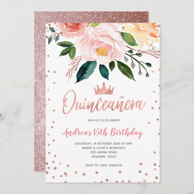 Invitation Floral Rose Gold Mexicain Quinceañera Anniversaire (Devant / Derrière)