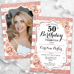 Invitation Floral Rose Gold White Photo 50e anniversaire<br><div class="desc">Elégante invitation au 50e anniversaire, fleurie et féminine avec votre photo au verso de la carte. Design blanc brillant, rose roux avec faux or rose parties scintillant. Comprend des bandes, des roses, des caractères de script et des confettis. Parfait pour une fête anniversaire adulte élégante. Personnalisez avec vos propres détails....</div>