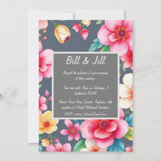 Invitation Floral Rose Jaune Fleurs Sur Mariage Charbon (Devant)