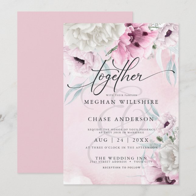 Invitation Floral rose Mariage rustique (Devant / Derrière)