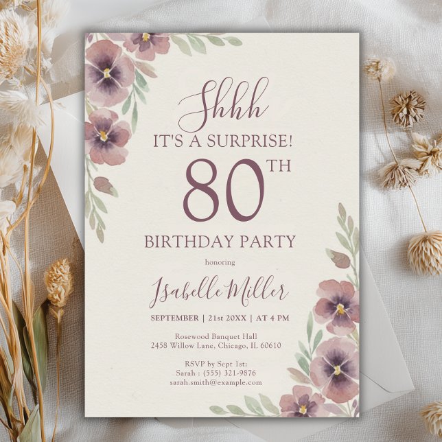 Invitation Floral rose mauve Surprise 80e anniversaire (Floral Pink Mauve Surprise 80th Birthday Invitation)