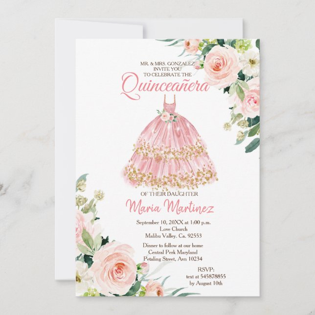 Invitation Floral Rose mexicain Gold Princess Quinceanera  (Devant)