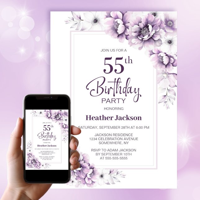 Invitation Floral rose moderne 55e fête d'anniversaire (Créateur téléchargé)