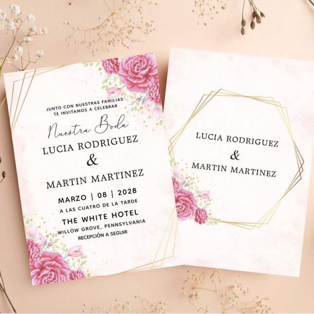 Invitation Floral rose moderne or espagnol Nuestra Boda (Créateur téléchargé)