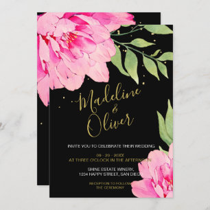 Invitation Floral rose Noir Or moderne Chic Rose Mariage