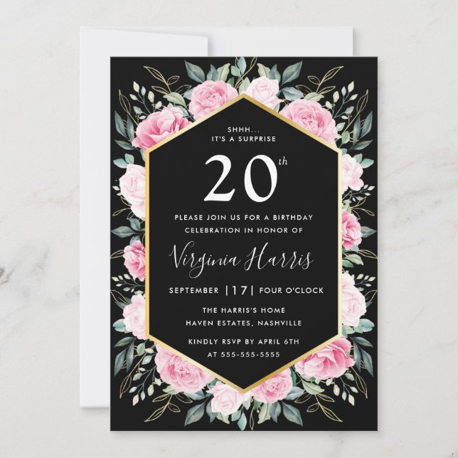 Invitation Floral rose Noir Vingt-dixième anniversaire (Devant)