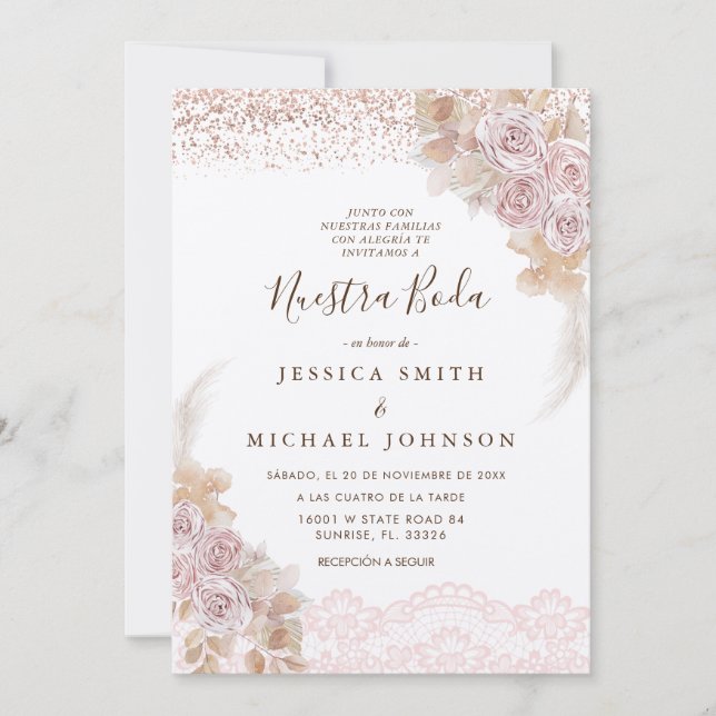 Invitation Floral rose Nuestra Boda Mariage espagnol (Devant)