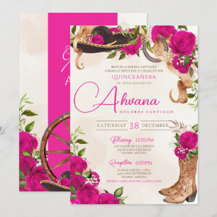 Invitation Floral Rose occidental Hot rose Quinceañera Charro