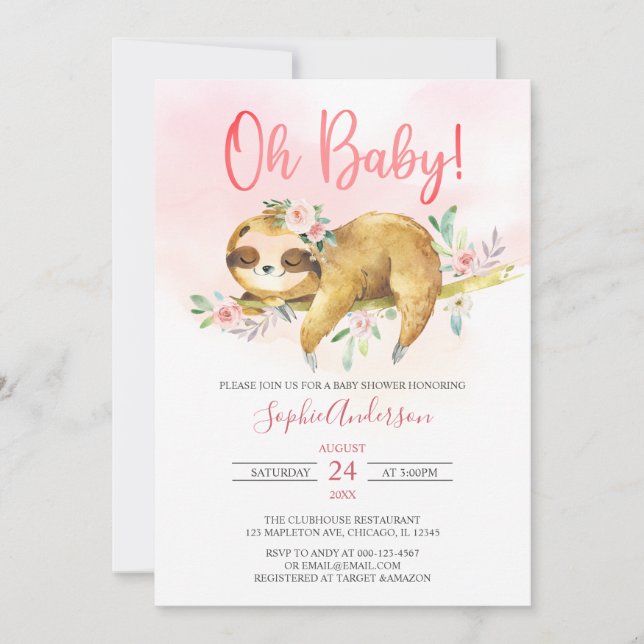 Invitation Floral rose Oh Baby Girl mignonne Baby shower Slot (Devant)