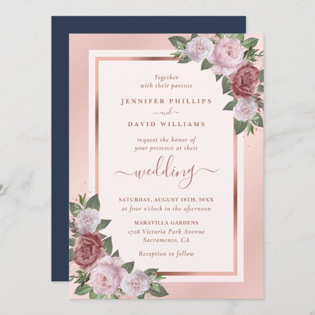 Invitation Floral Rose or Marine Blue Blush Mariage (Devant / Derrière)