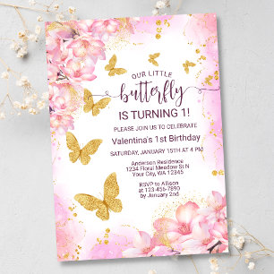 Invitation Floral rose or Parties scintillant papillon 1er an
