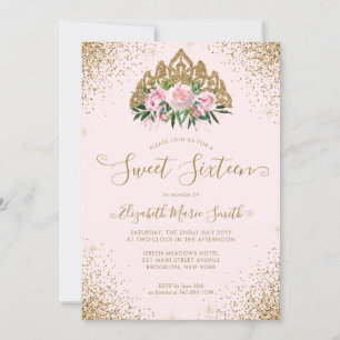 Invitation Floral rose or Parties scintillant Tiara Sweet 16