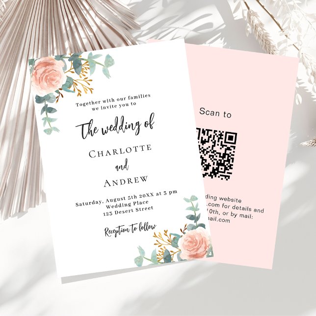 Invitation Floral rose or QR code détails mariage de luxe (Créateur téléchargé)