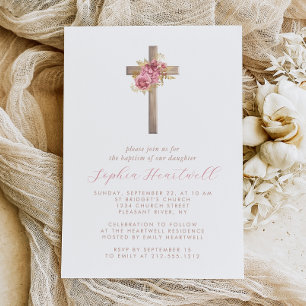 Invitation Floral rose or Roses Croix fille Baptême