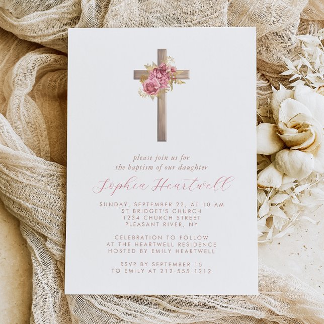 Invitation Floral rose or Roses Croix fille Baptême (Créateur téléchargé)