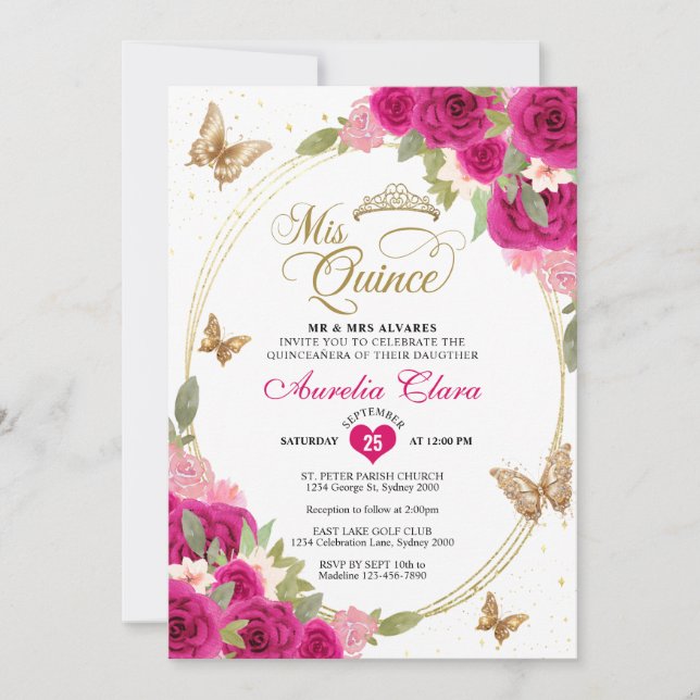 Invitation Floral rose or Tiara Butterfly Mis Quinceañera (Devant)