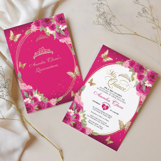 Invitation Floral rose or Tiara Butterfly Mis Quinceañera (Créateur téléchargé)