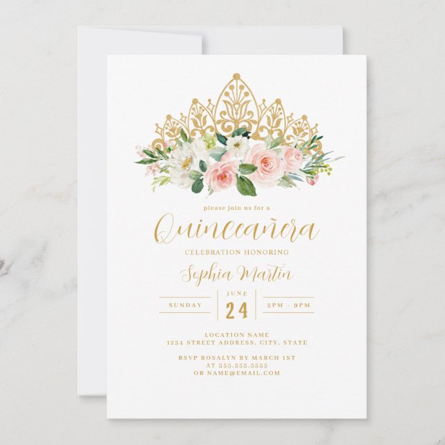 Invitation Floral rose or Tiara Quinceanera (Devant)