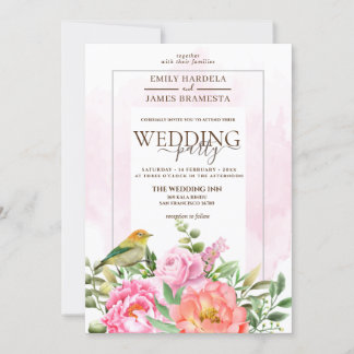 Invitation Floral rose Orange Avec Mariage Aquarelle Oiseau