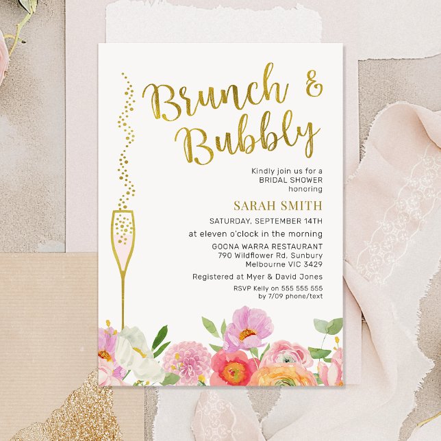 Invitation Floral rose orange Brunch Fête des mariées mousseu (Brunch and Bubbly Bridal Shower Invitation Card, Bright Floral Brunch Bubbly Bridal Shower Invite)