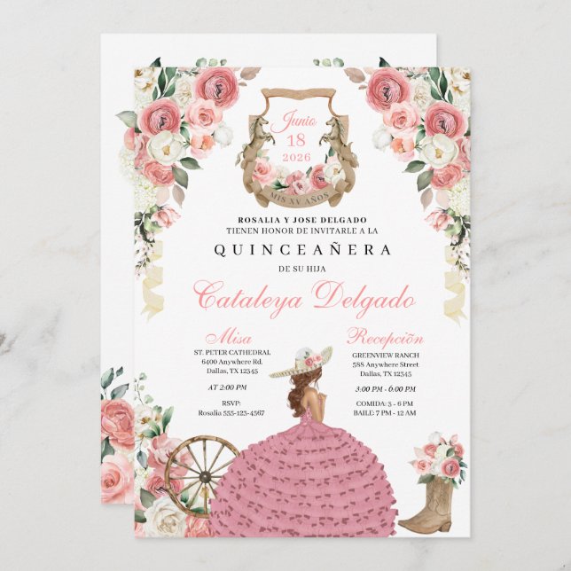 Invitation Floral rose Ouest Mariachi Charro Quinceañera (Devant / Derrière)