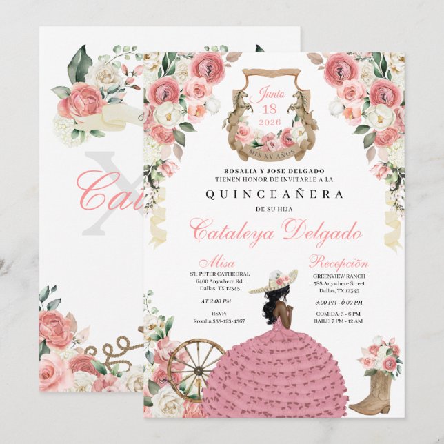 Invitation Floral rose Ouest Mariachi Charro Quinceañera (Devant / Derrière)