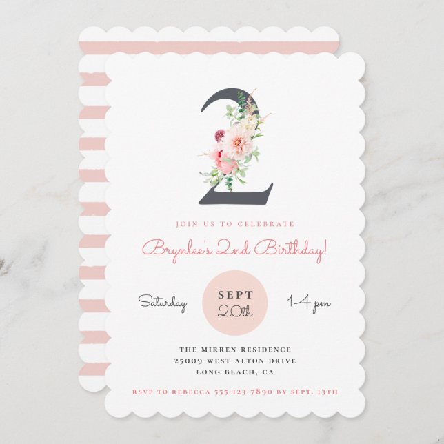 Invitation Floral rose pâle 2e anniversaire (Devant / Derrière)