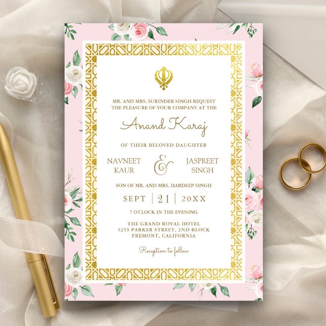 Invitation Floral rose pâle Anand Karaj Punjabi Sikh Mariage (Créateur téléchargé)